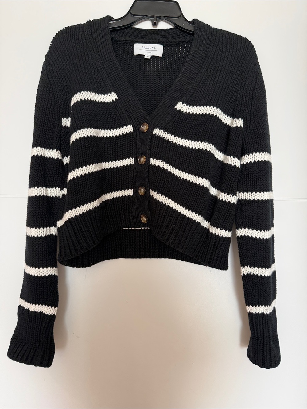 La Ligne Black and White Striped V-Neck Cropped Cardigan